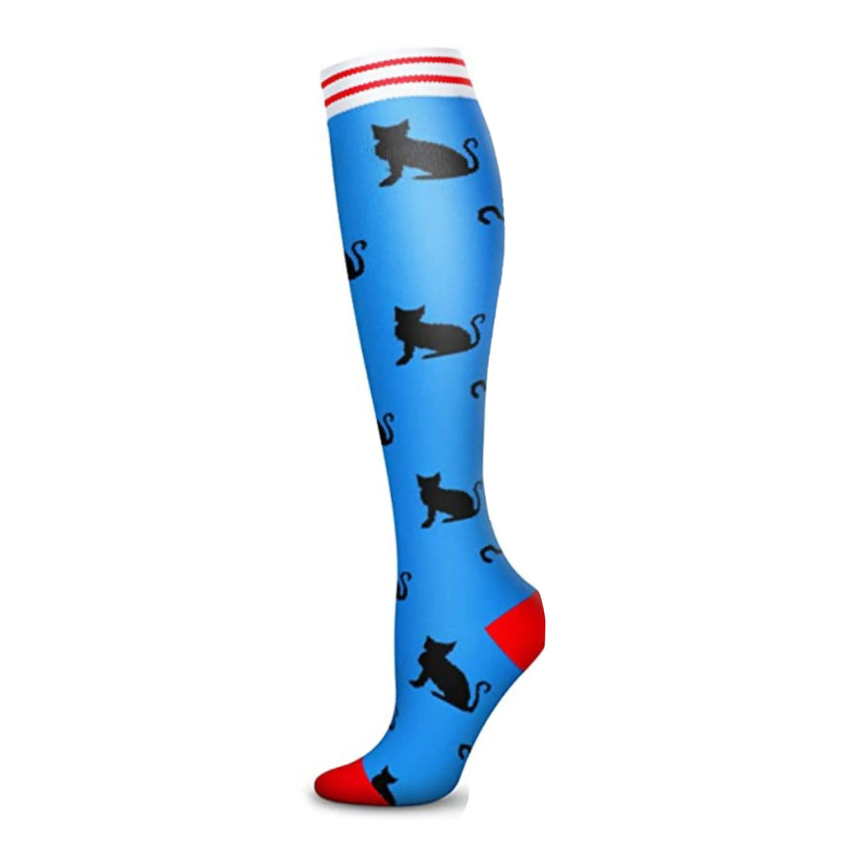 Blue compression socks featuring repeated black cat designs and a red cuff.