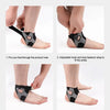 Step-by-step instructions showing how to put on and finish an adjustable ankle support brace.