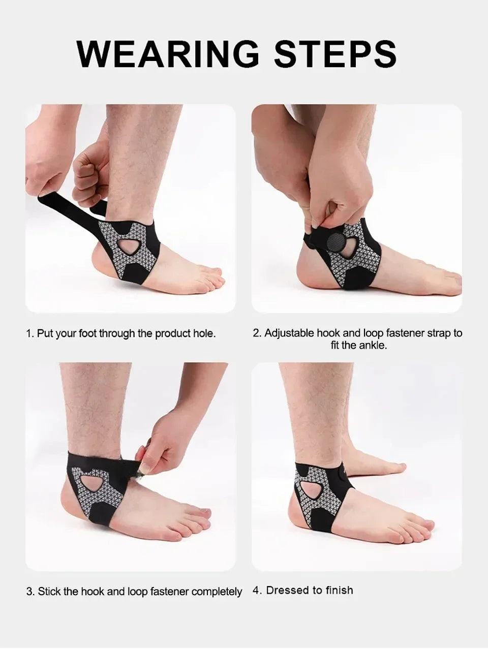 Step-by-step instructions showing how to put on and finish an adjustable ankle support brace.