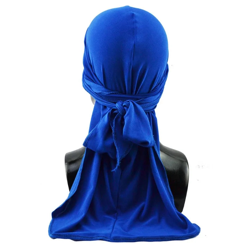 A royal blue men's distressed pirate style durag head wrap displayed on a mannequin.