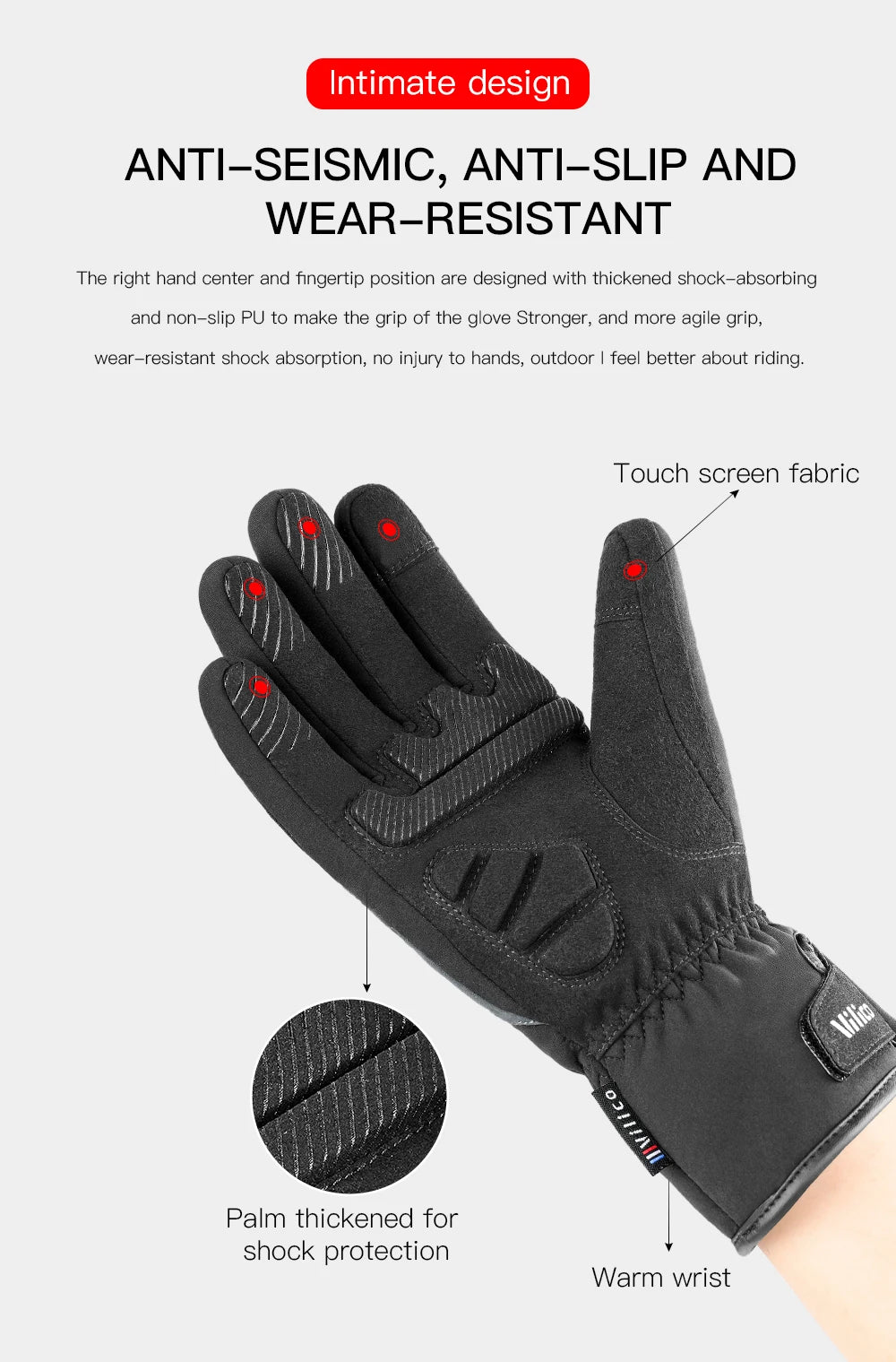 A close-up view of black anti-seismic, anti-slip, and wear-resistant gloves designed for outdoor sports.