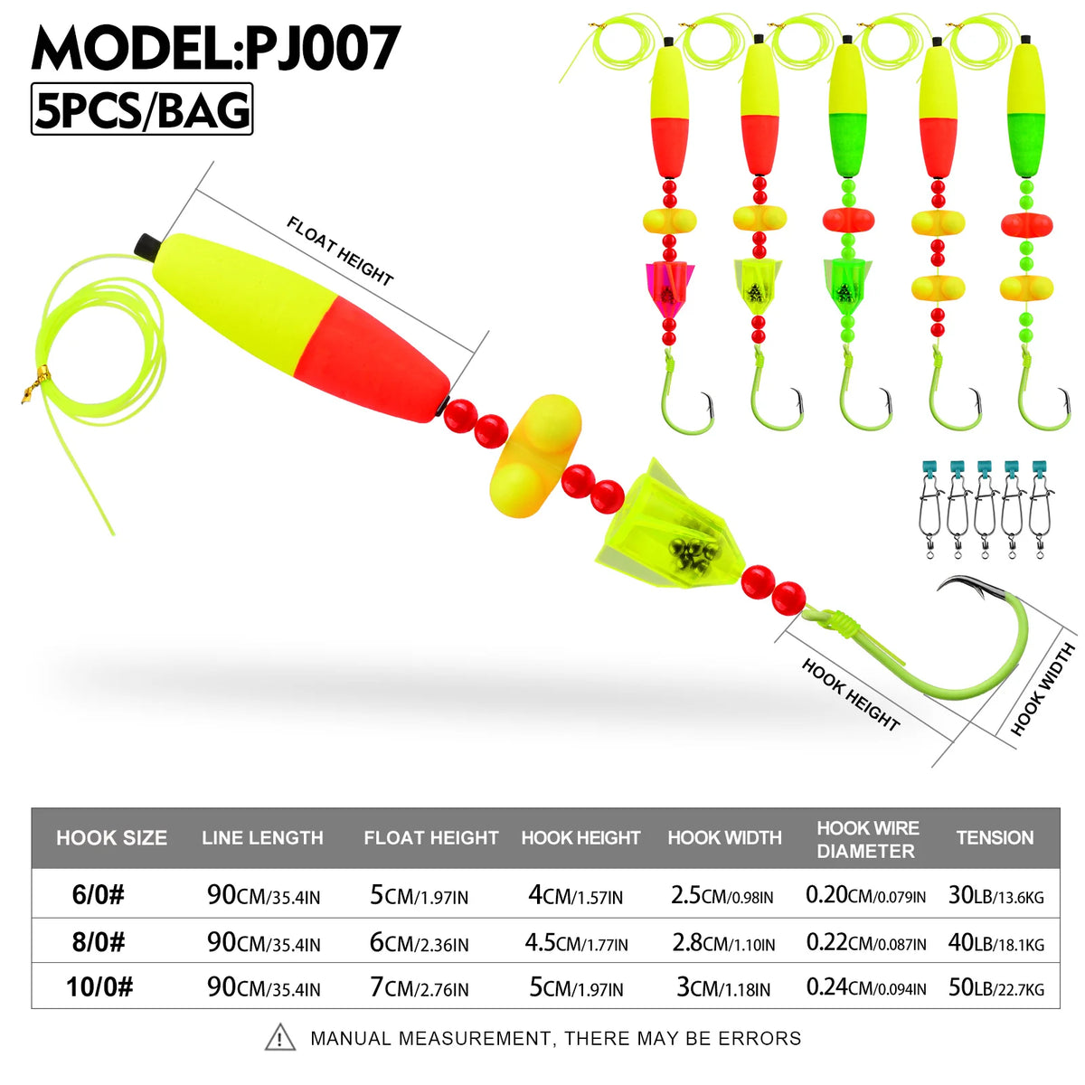 A set of five colorful float rigs with attached hooks and line, demonstrating various float heights and hook sizes.