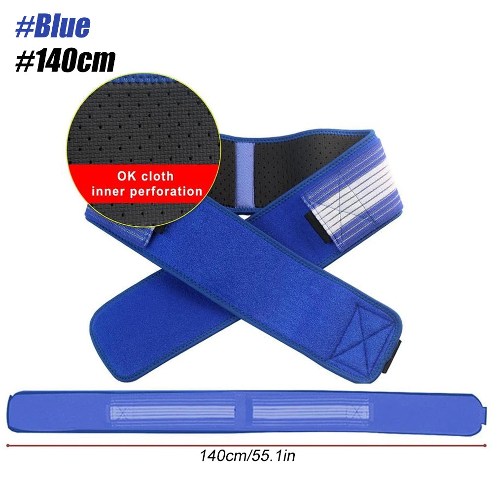 Blue adjustable pelvic support hip belt for lower back and SI joint relief shown with an inner perforation detail.