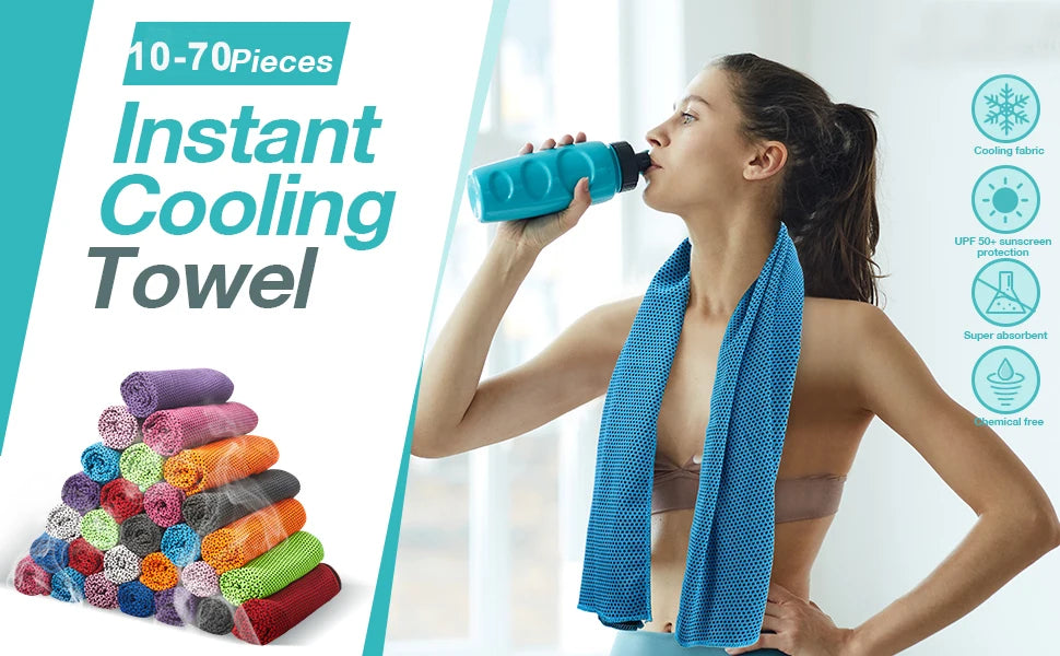 A woman is using a blue instant cooling towel while exercising, with a stack of colorful towels visible.