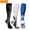 Three pairs of compression socks for men in black, gray, and blue colors.