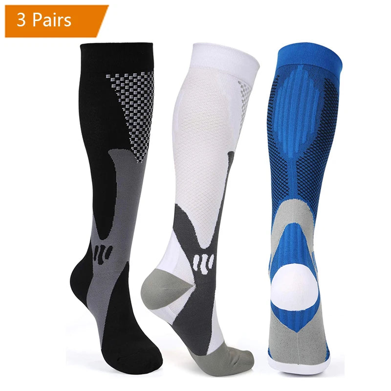 Three pairs of compression socks for men in black, gray, and blue colors.