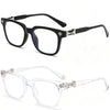 A pair of black square blue light blocking glasses shown in a studio setting.