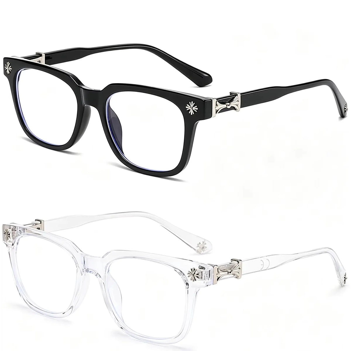 A pair of black square blue light blocking glasses shown in a studio setting.