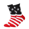 A pair of decorative striped flag socks featuring a patriotic design with stars and stripes.