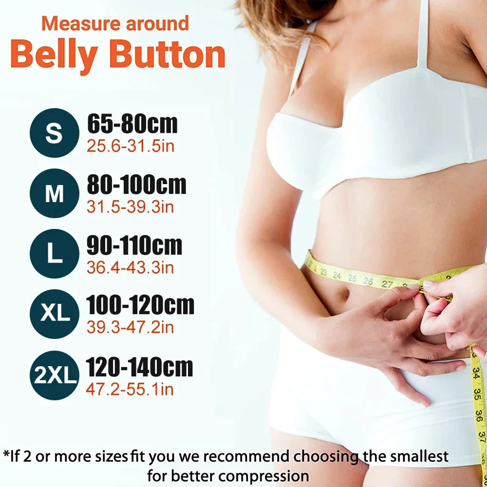 A woman demonstrates the sizing of a belly button for an orthopedic lumbar support belt.