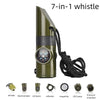 A green 7-in-1 whistle and tool kit featuring a whistle, thermometer, compass, reflector, magnifier, and LED lamp.