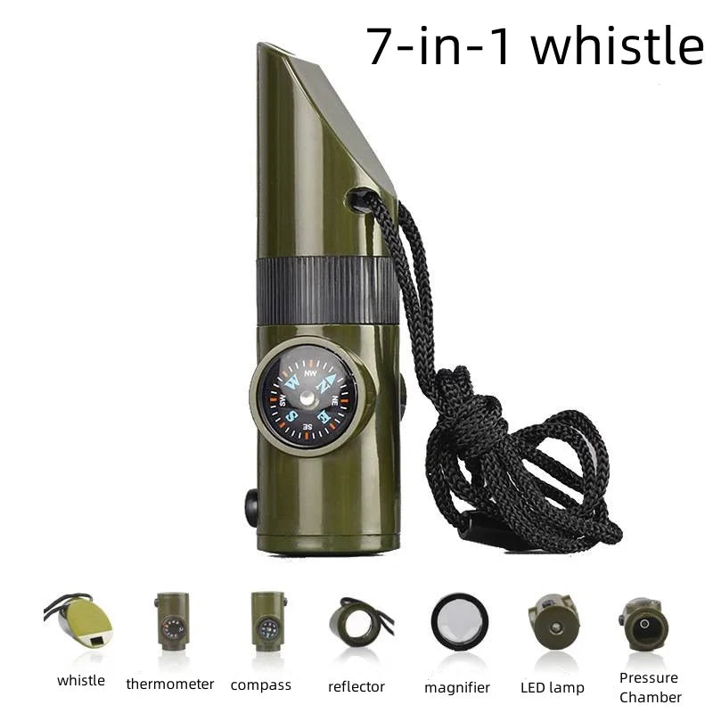 A green 7-in-1 whistle and tool kit featuring a whistle, thermometer, compass, reflector, magnifier, and LED lamp.