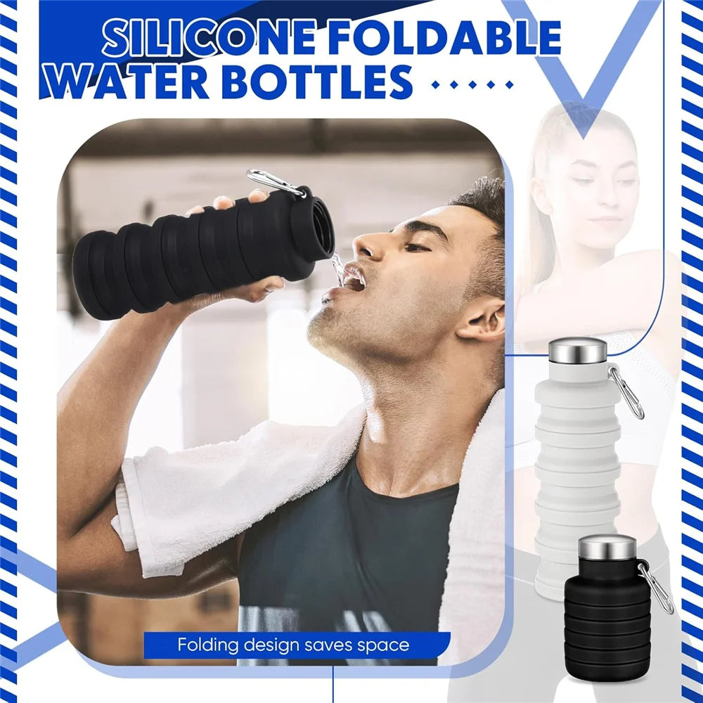 A man is drinking from a black silicone foldable water bottle in a bathroom setting, with another bottle shown nearby.