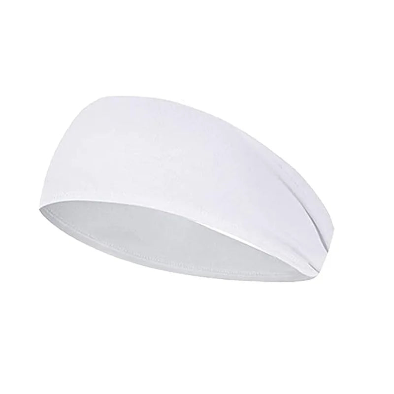 A white stretch sports headband designed for sweat absorption.