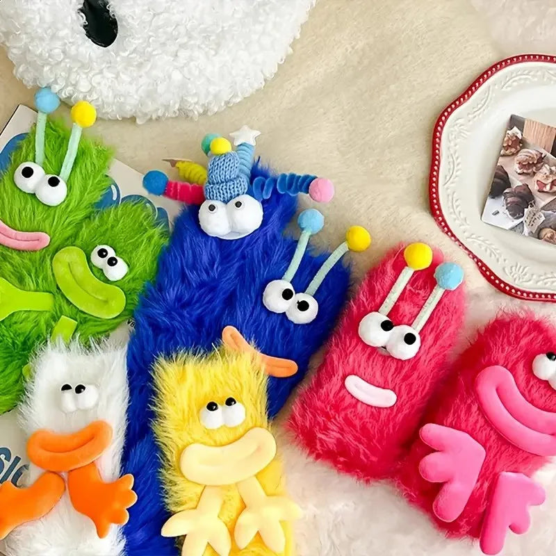 A collection of colorful cartoon expression knit socks featuring various characters and bright colors.