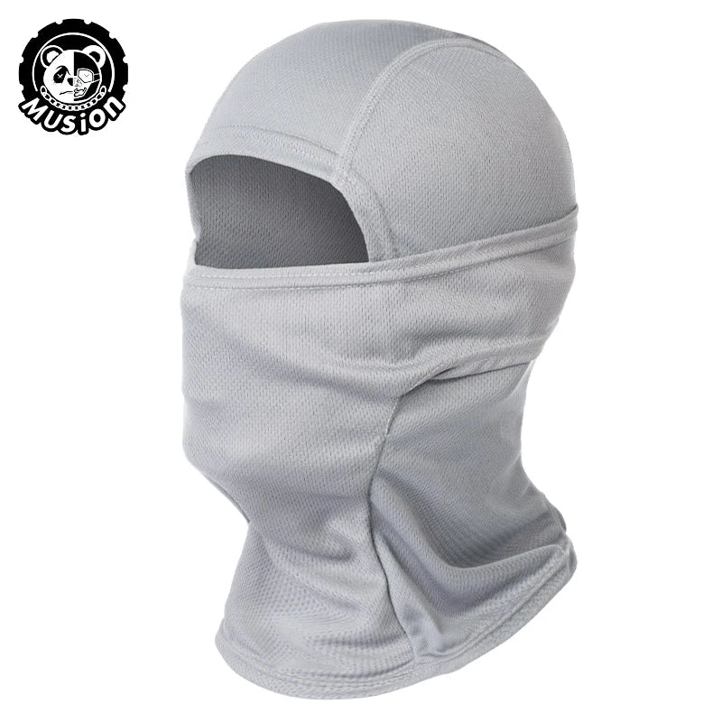 A light gray breathable mesh balaclava face mask shown on a mannequin head.