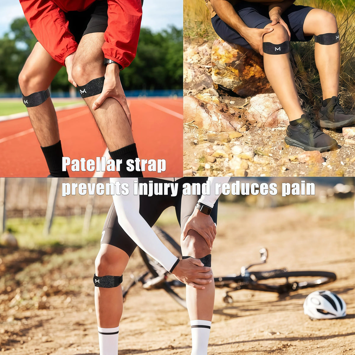 A person wearing a black patellar strap knee brace during physical activity.