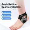 Black ankle fixation sports protection brace worn on a person's lower leg.