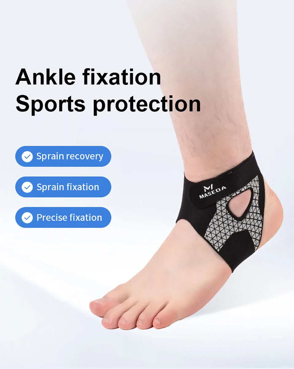 Black ankle fixation sports protection brace worn on a person's lower leg.