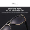 Close-up of black sunglasses featuring an exquisite metal inlaid mirror frame.