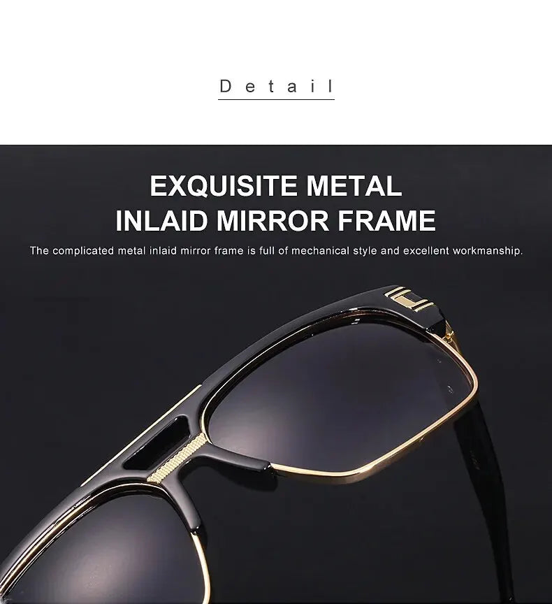 Close-up of black sunglasses featuring an exquisite metal inlaid mirror frame.
