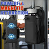 A black magnetic attraction pouch designed to hold a water bottle, shown next to a similar bag with glowing blue magnetic pat