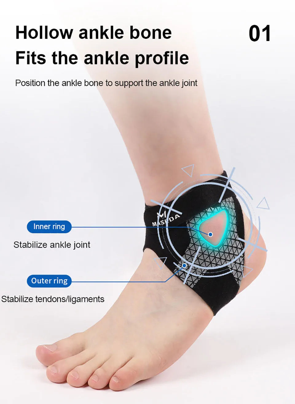 A black ankle brace with inner and outer rings is shown on a person's ankle, demonstrating how it fits the ankle profile.