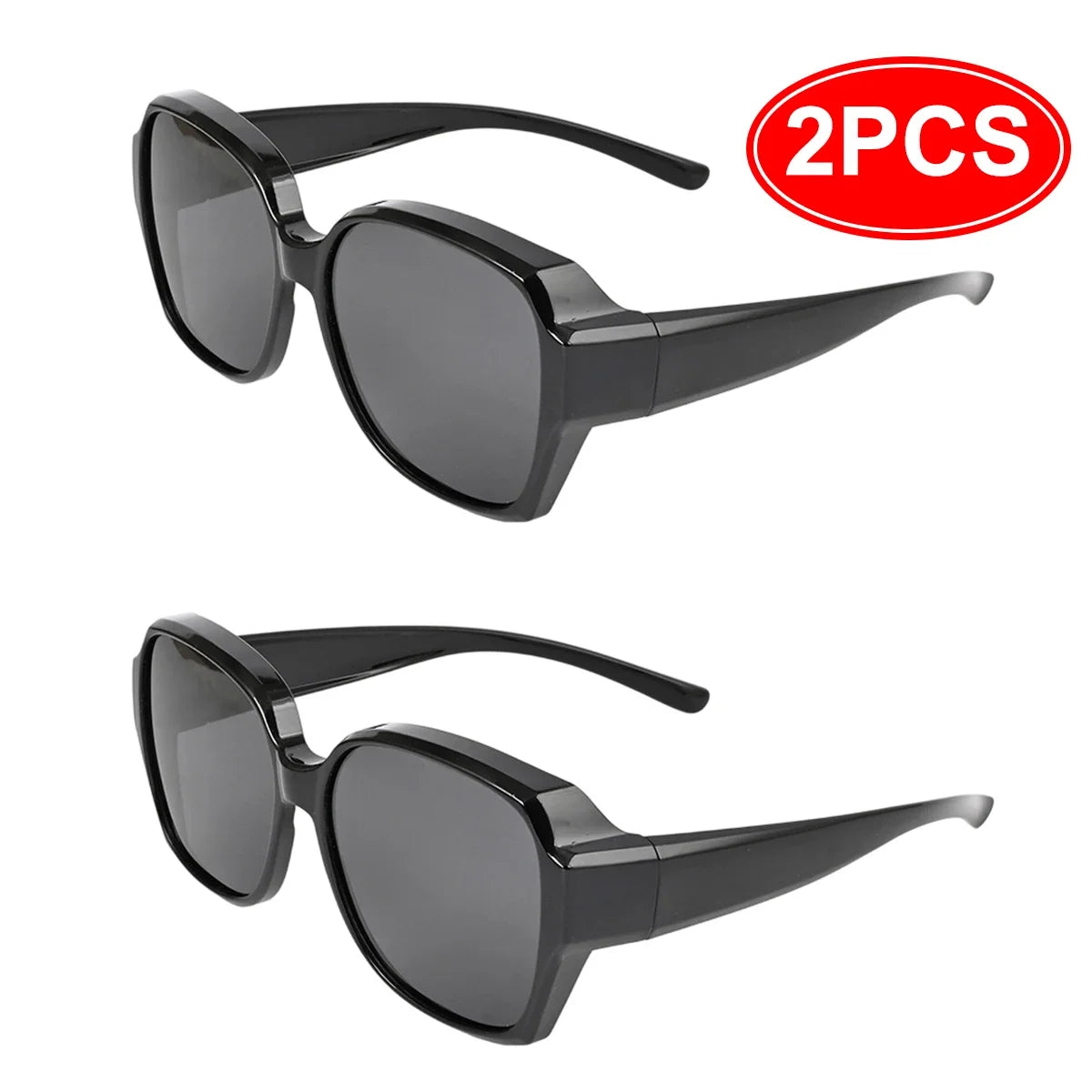 A pair of black wrap-around sunglasses shown in a studio setting.