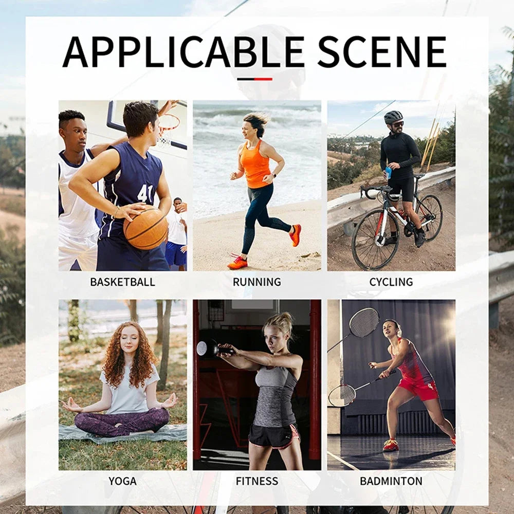 A collage showing various fitness activities including basketball, running, cycling, yoga, and badminton.