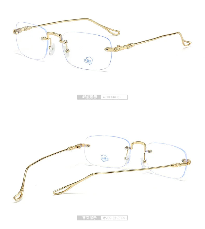 Gold-toned frameless rectangle glasses with clear lenses shown in a studio setting.
