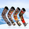 Five adjustable arm warmers featuring intricate, colorful, and patterned designs against a white background.