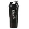 A black portable protein shaker cup with a hinged lid.