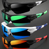 A set of four wraparound sports sunglasses shown in black, green, white, and orange lenses.