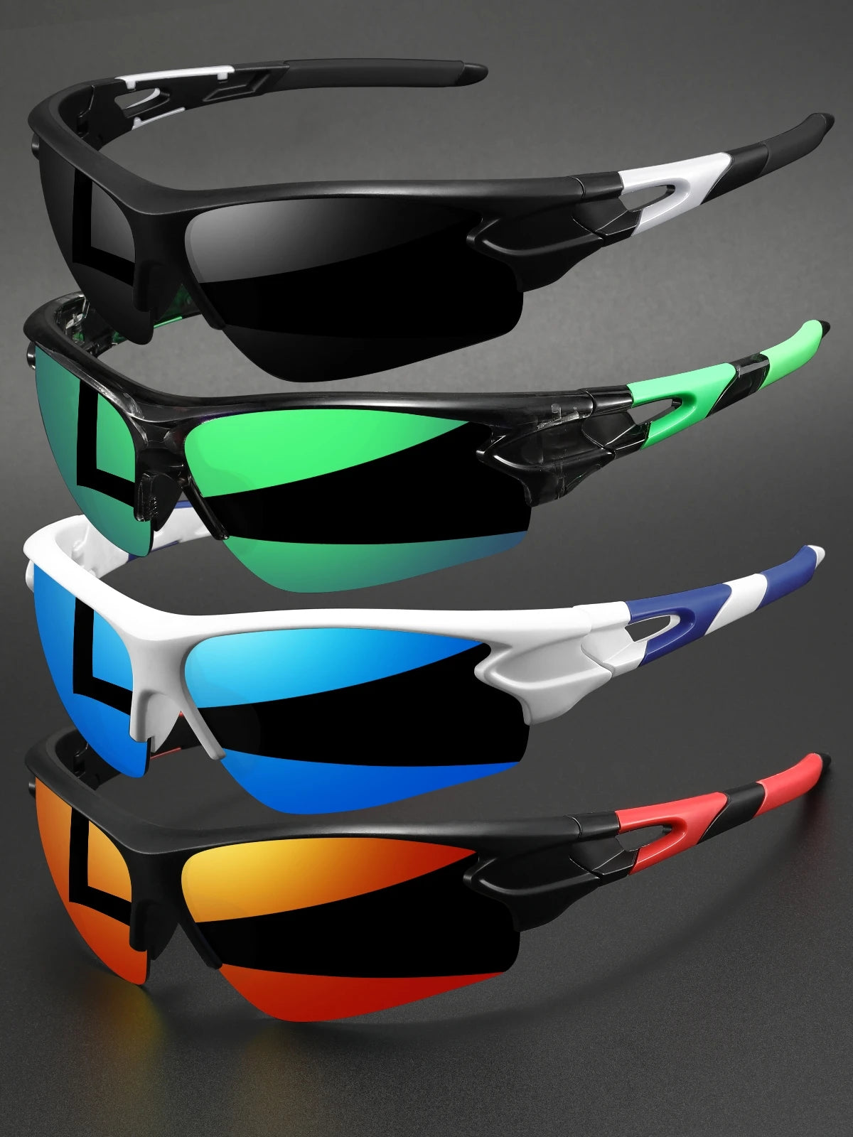 A set of four wraparound sports sunglasses shown in black, green, white, and orange lenses.
