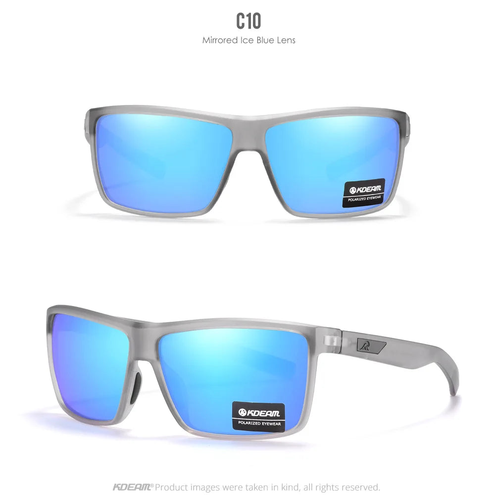 Silver-framed polarized blue ice lens sunglasses with a dark blue lens and black logo