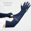 A dark blue breathable stretchy arm sleeve worn on a person's forearm.
