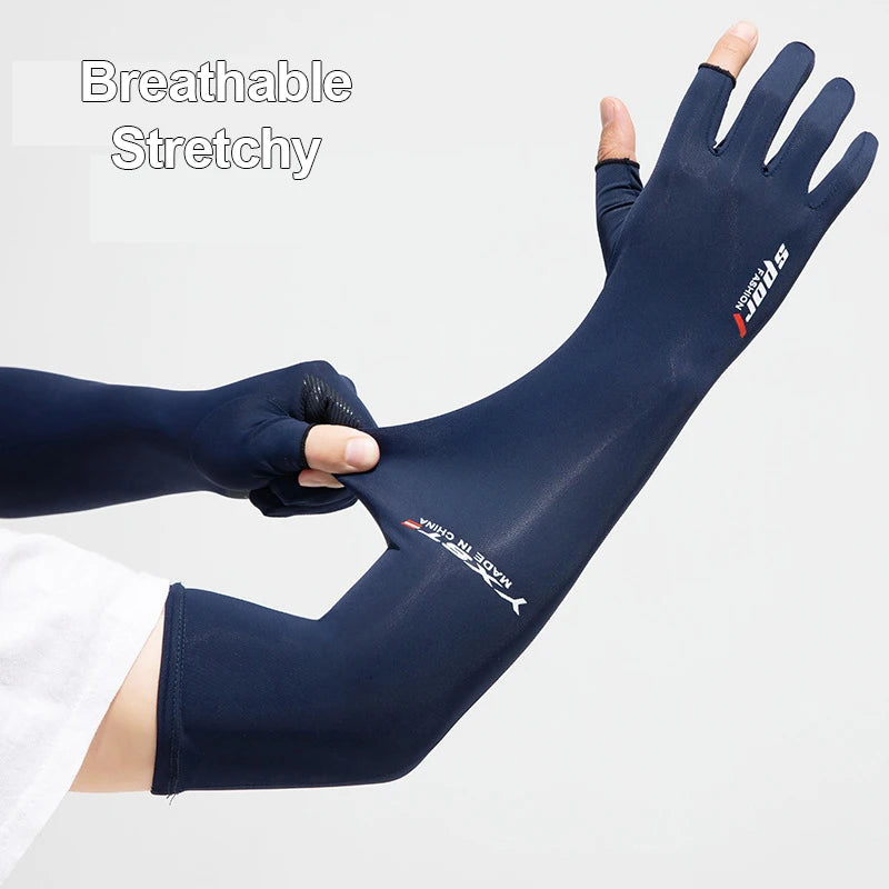A dark blue breathable stretchy arm sleeve worn on a person's forearm.