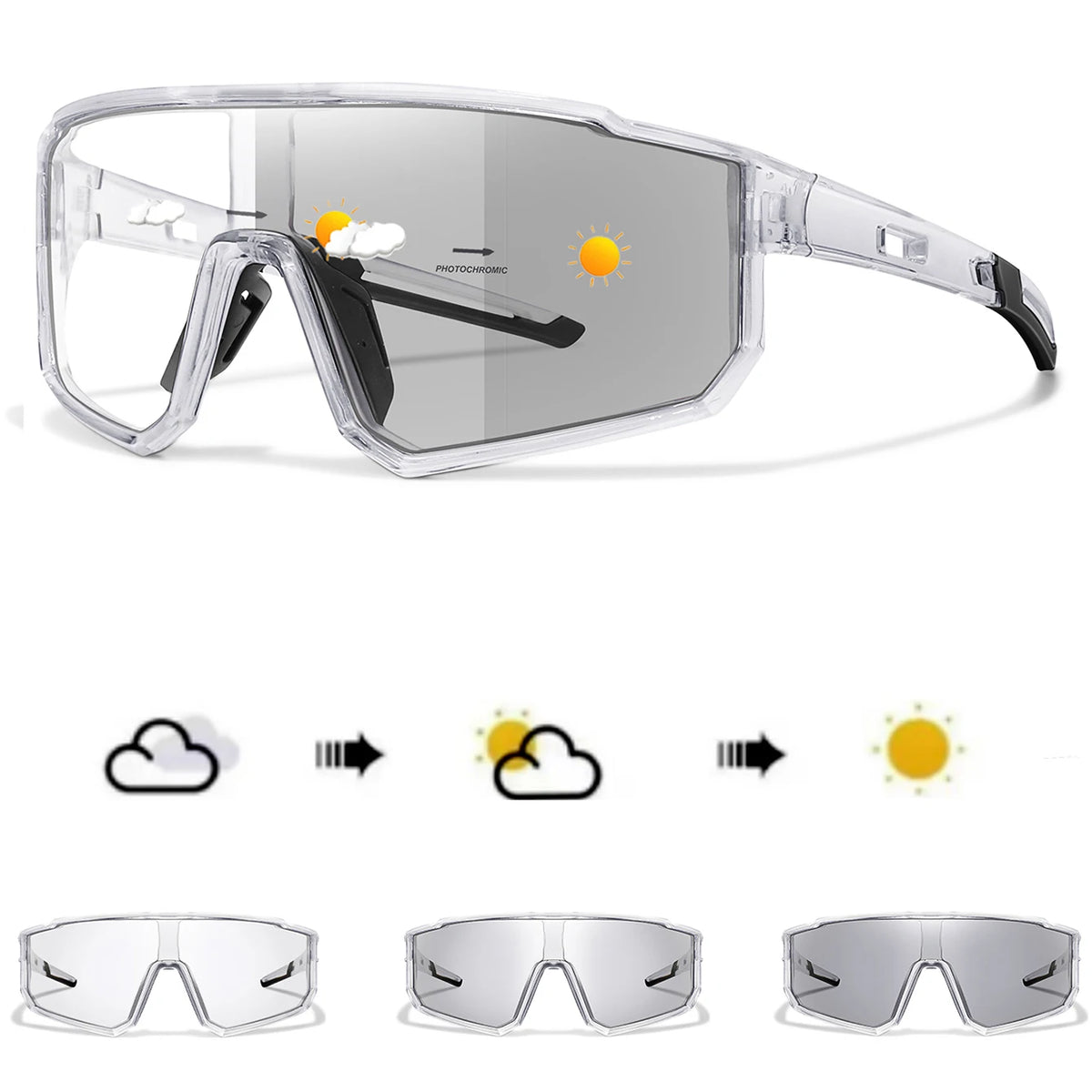 Clear photochromic sports sunglasses shown in various views and with cloud and sun icons