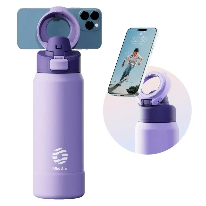 A purple insulated sports water bottle with a magnetic lid and a matching carrying case.