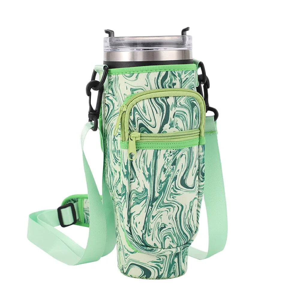 A light green patterned pouch attached to a clear water bottle, designed as an adjustable carrier.