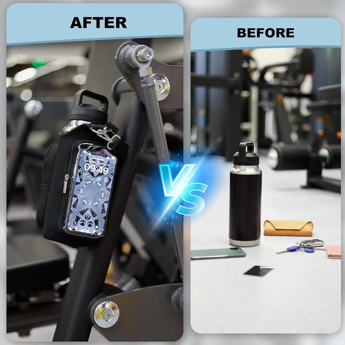 Comparison showing a magnetic accessory holder for water bottles and small items before and after use.