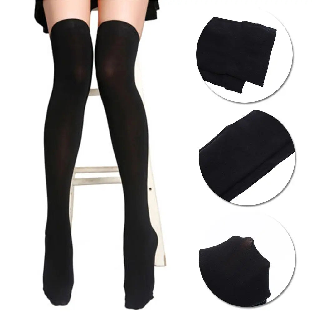 Black opaque thigh high elastic socks for women shown on a hanger and in detail views