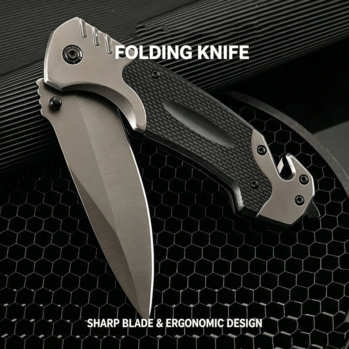A folding knife with a silver blade and black handle is shown against a dark background.
