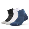 A stack of breathable performance running socks in black, white, and navy blue.
