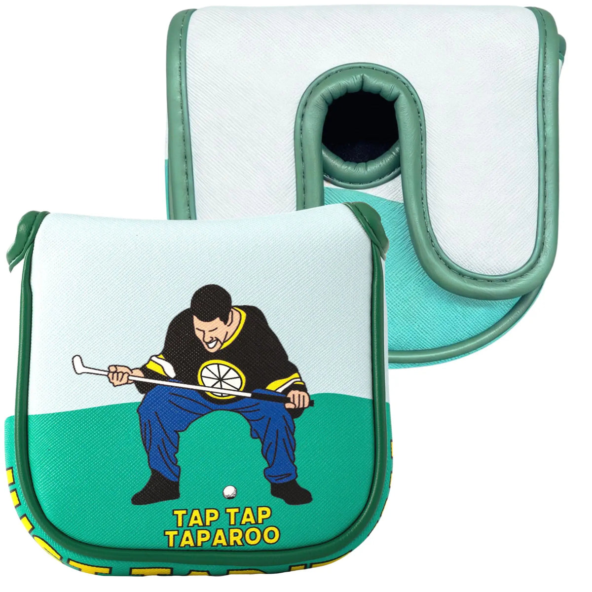 A light blue patterned leather headcover for a golf putter, featuring a black and yellow graphic of a golfer.