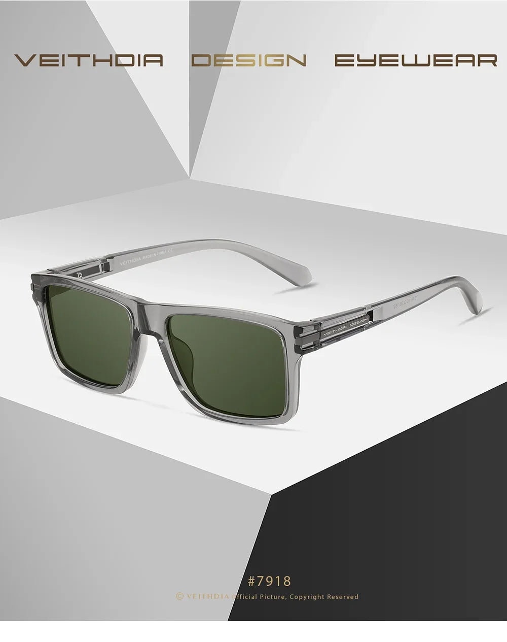 A pair of silver-framed, square sunglasses with green lenses displayed on a light gray background.