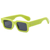Lime green square sunglasses with a flexible arm and rivet details