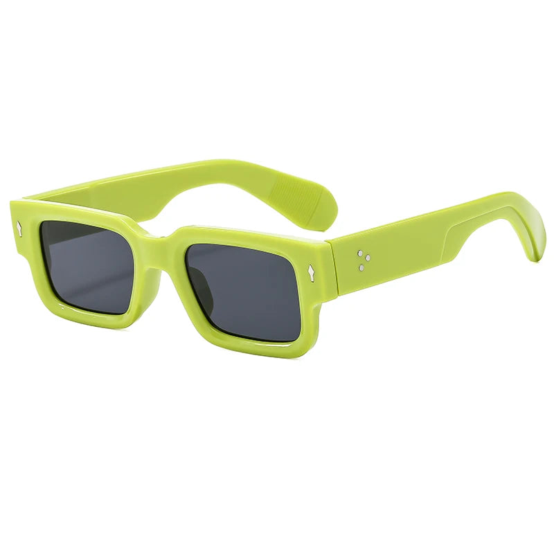 Lime green square sunglasses with a flexible arm and rivet details