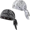 A set of paisley cooling headscarf caps in black and white patterns.