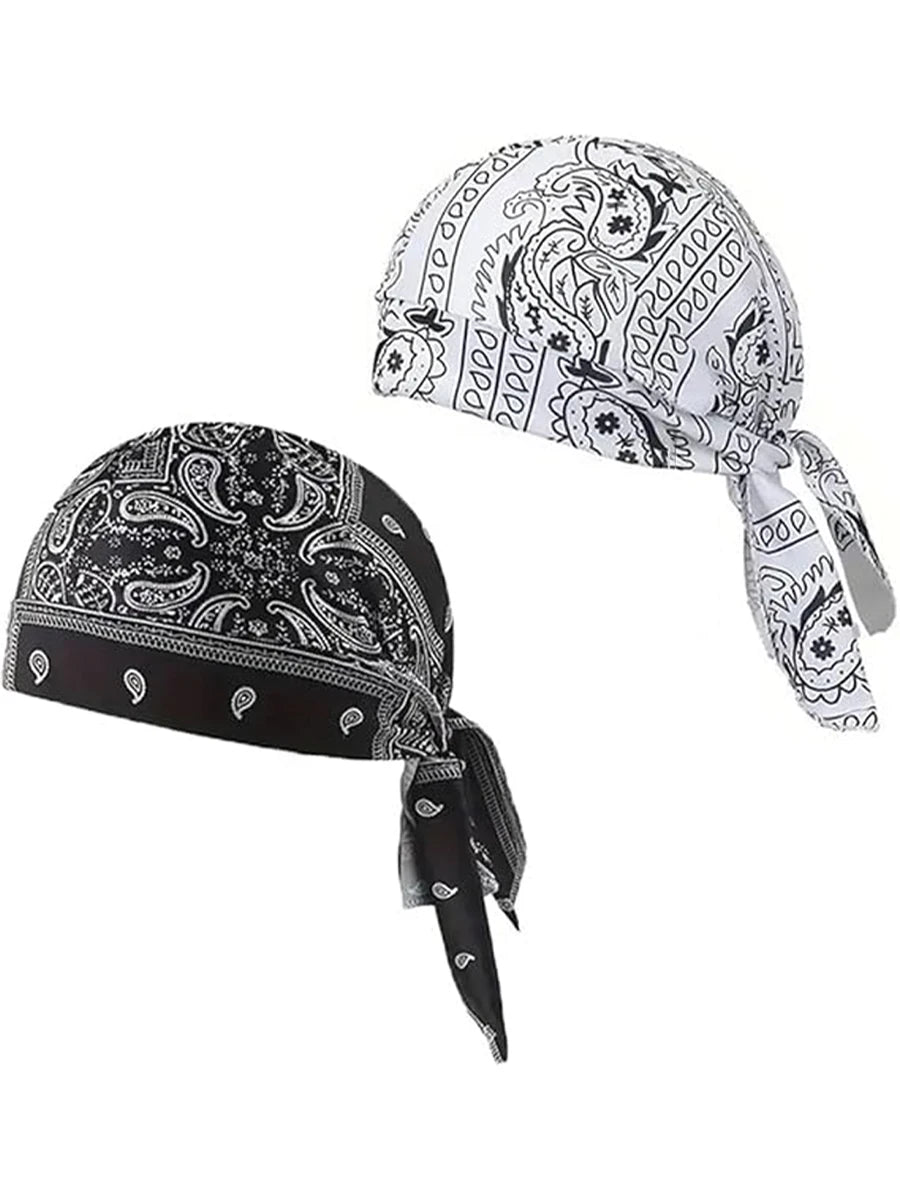 A set of paisley cooling headscarf caps in black and white patterns.